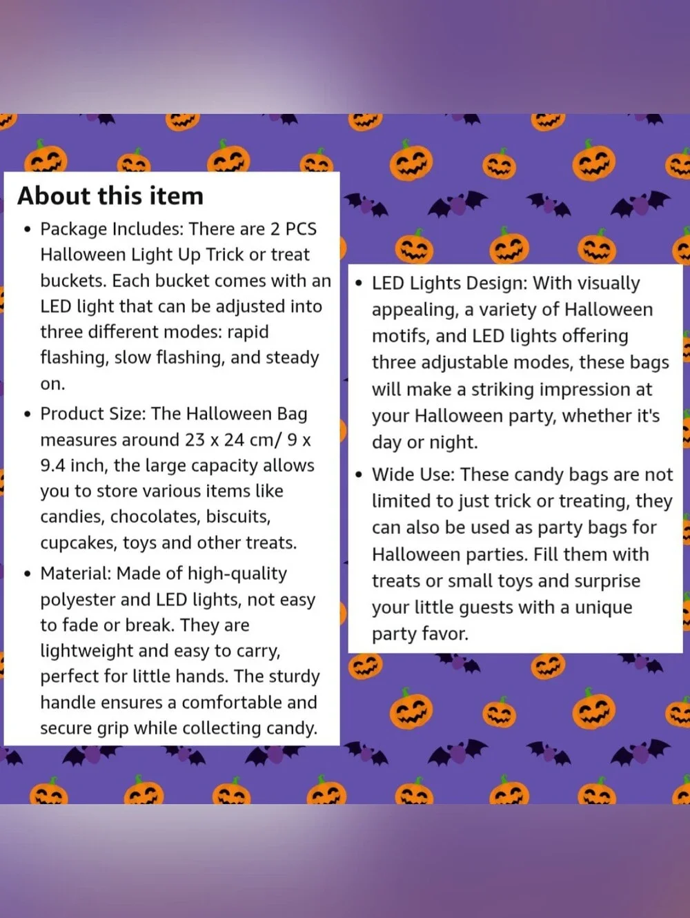 M/L Sz Blk/Multiclr Halloween Reusable Trick or Treat Fabric Bucket w/LED Lights